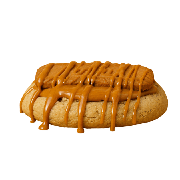 Biscoff n Creme Cookie topped with caramel drizzle and butter cream swirl.