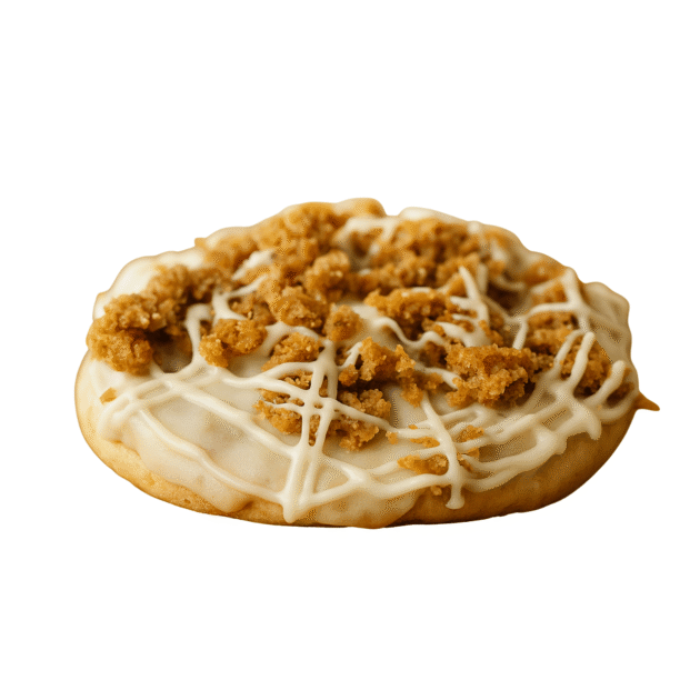 Shalom Bitez Oatmeal Cream Cookie topped with oat crumble and vanilla drizzle