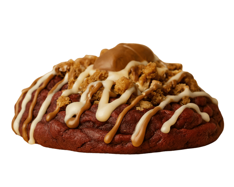 Shalom Bitez Caramel Red Velvet Cookie drizzled with rich caramel sauce and topped with creamy white chocolate glaze.