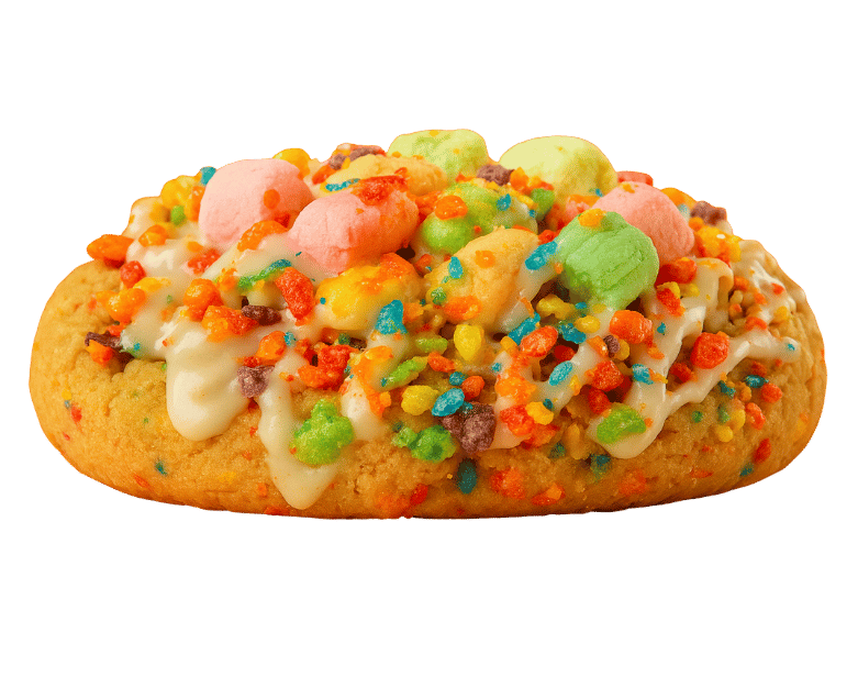 Shalom Bitez Fruity Pebble Cookie topped with colorful marshmallows, crunchy cereal pieces, and drizzled white chocolate glaze.