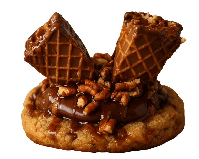 Close-up of Nutty Butter cookie topped with creamy peanut butter glaze, chopped nuts, and two chocolate-coated waffle cone pieces on a golden-brown cookie base.